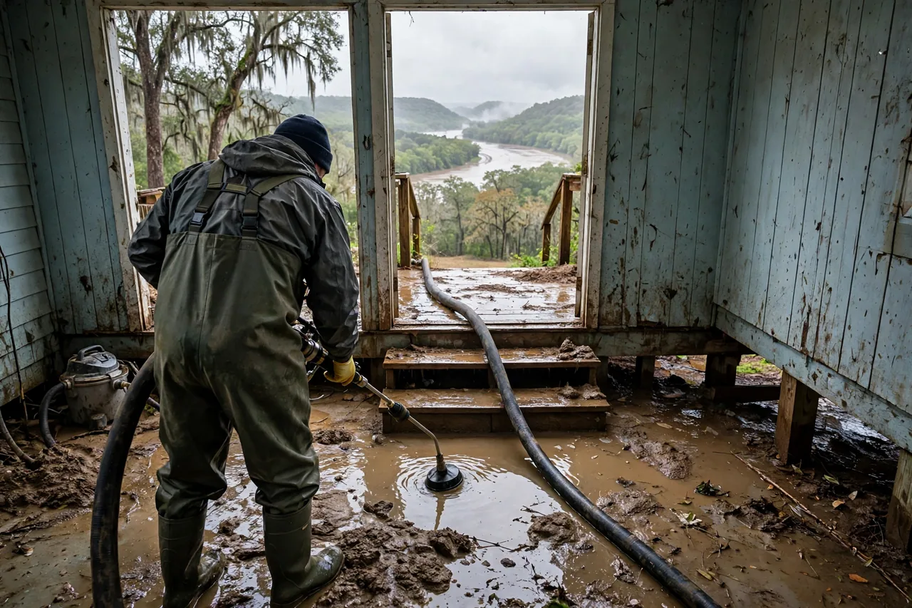 Flood Water Cleanup Angola, LA — pro extracting river flood water from a raised West Feliciana Parish home