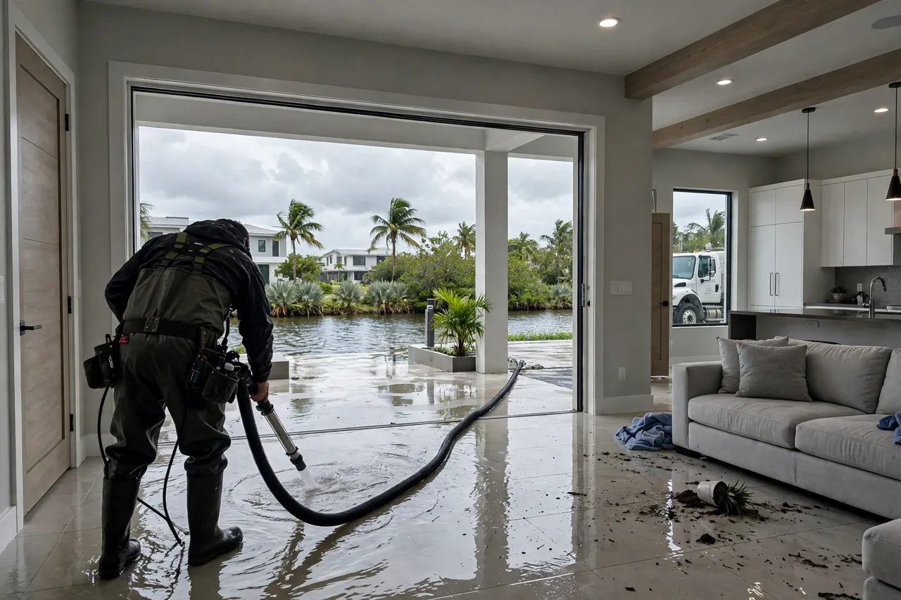 Flood Water Cleanup Apollo Beach, FL — technician extracting flood water from a Hillsborough County coastal home