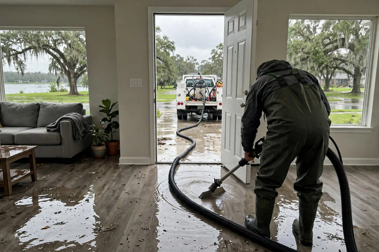Flood Water Cleanup Apopka, FL — technician extracting flood water from an Orange County home