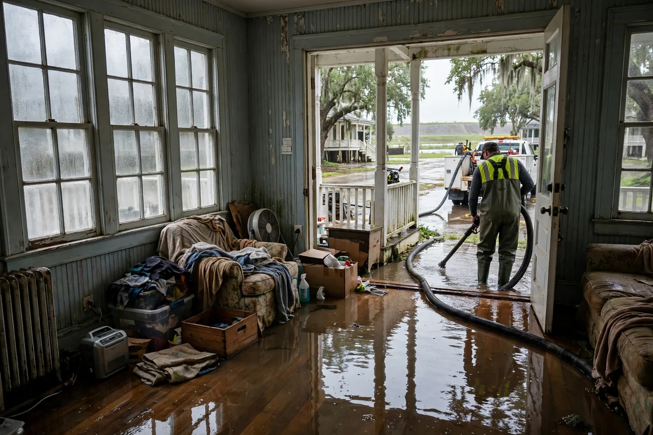 Flood Water Cleanup Arabi, LA — technician extracting flood water from a St. Bernard Parish home near the river levee
