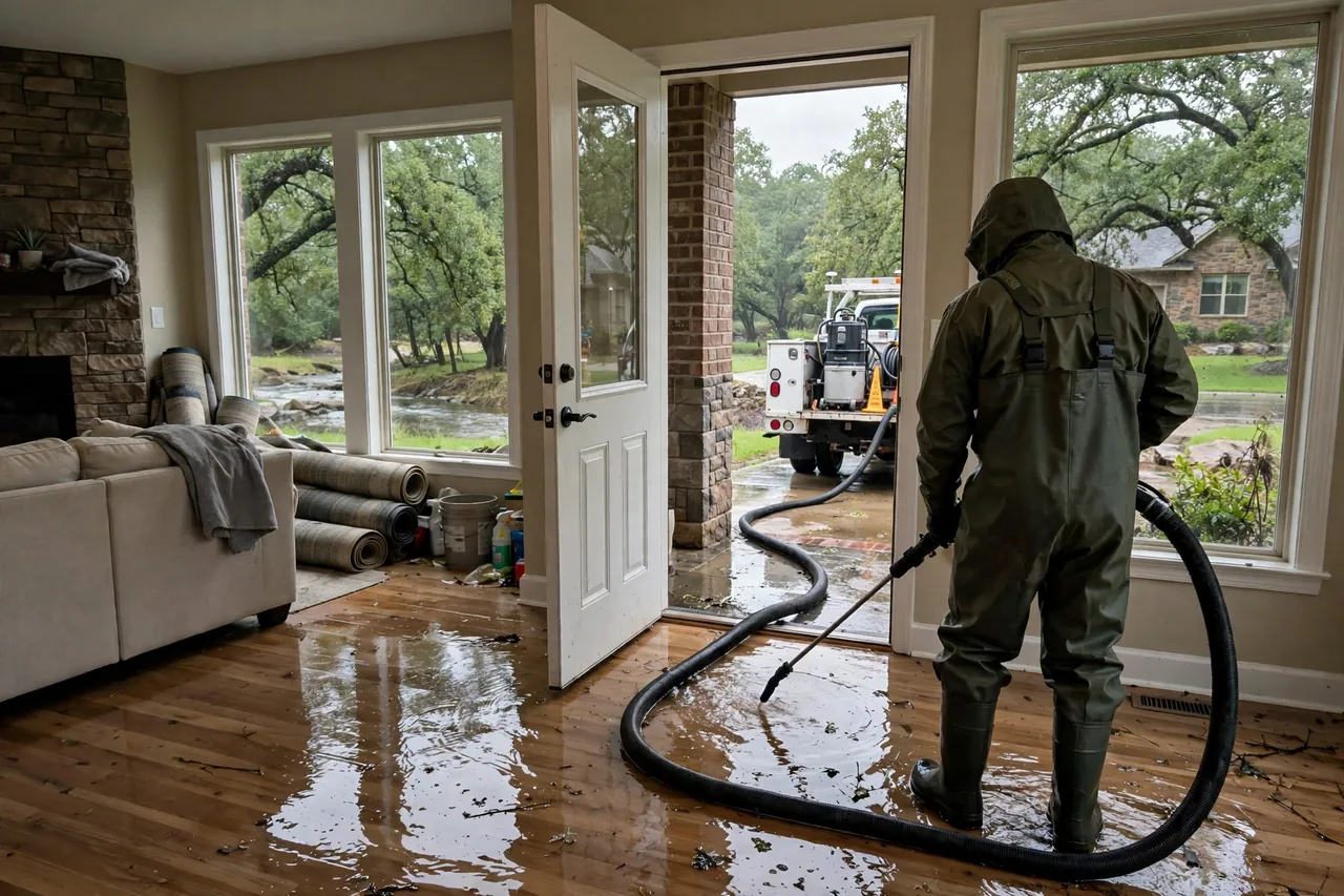Flood Water Cleanup Argyle, TX — technician extracting flood water from a Denton County home
