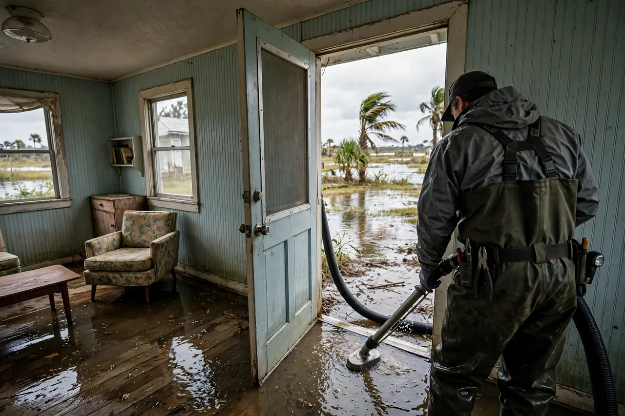 Flood Water Cleanup Aripeka, FL — technician extracting flood water from a Pasco County coastal home