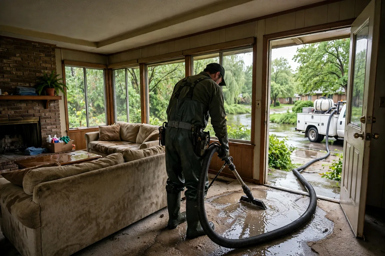 Flood Water Cleanup Arlington, TX — technician extracting flood water from a Tarrant County home