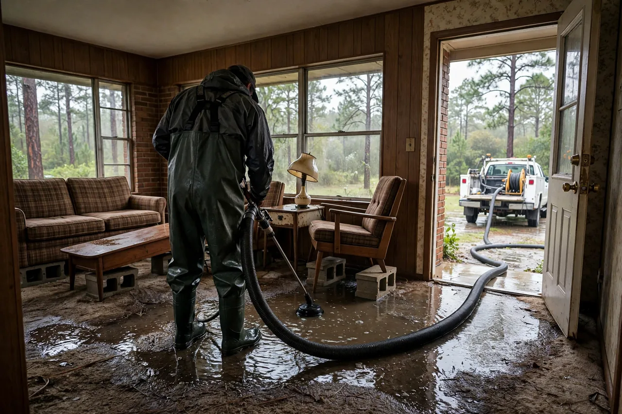 Flood Water Cleanup Arp, TX — technician extracting flood water from a Smith County home