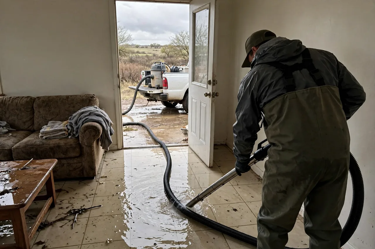 Flood Water Cleanup Artesia Wells, TX — technician extracting flood water from a La Salle County home