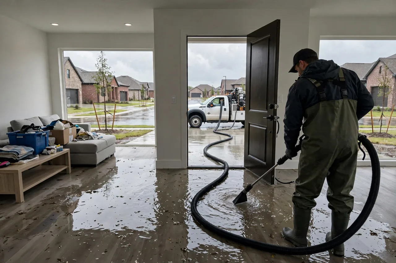 Flood Water Cleanup Aubrey, TX — technician extracting flood water from a Denton County home