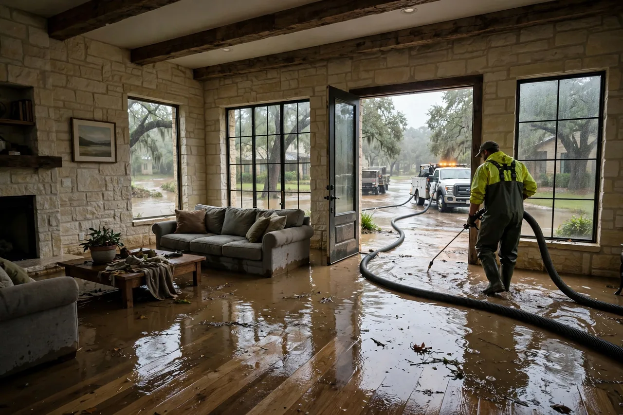Flood Water Cleanup Austin, TX — technician extracting flood water from a Travis County home