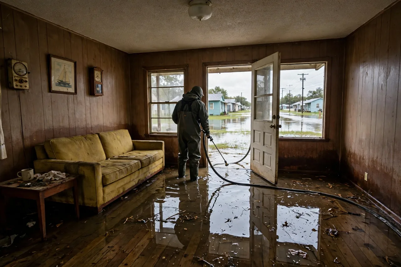 Flood Water Cleanup Austwell, TX — technician extracting flood water from a Refugio County home