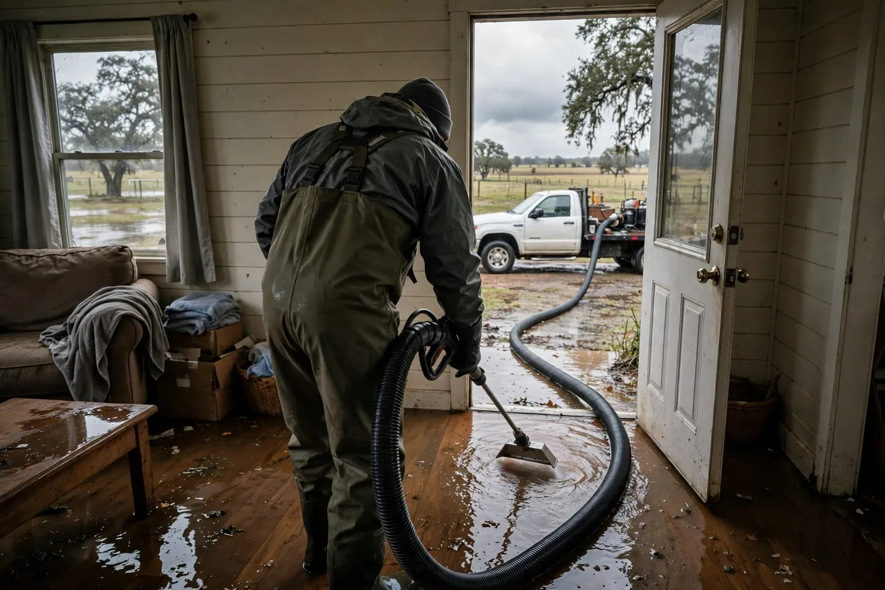 Flood Water Cleanup Avalon, TX — technician extracting flood water from an Ellis County home