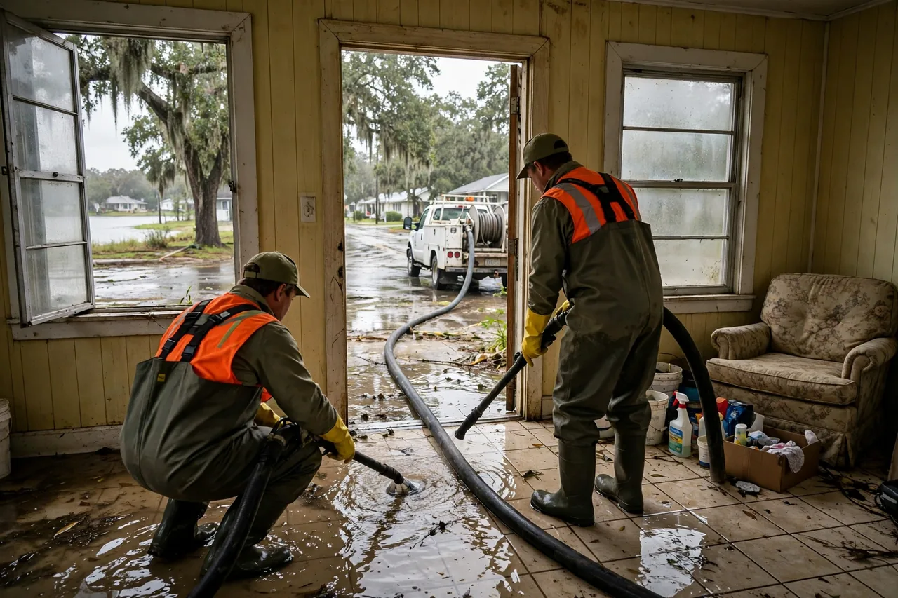 Flood Water Cleanup Avon Park, FL — crew extracting standing water from a Highlands County home
