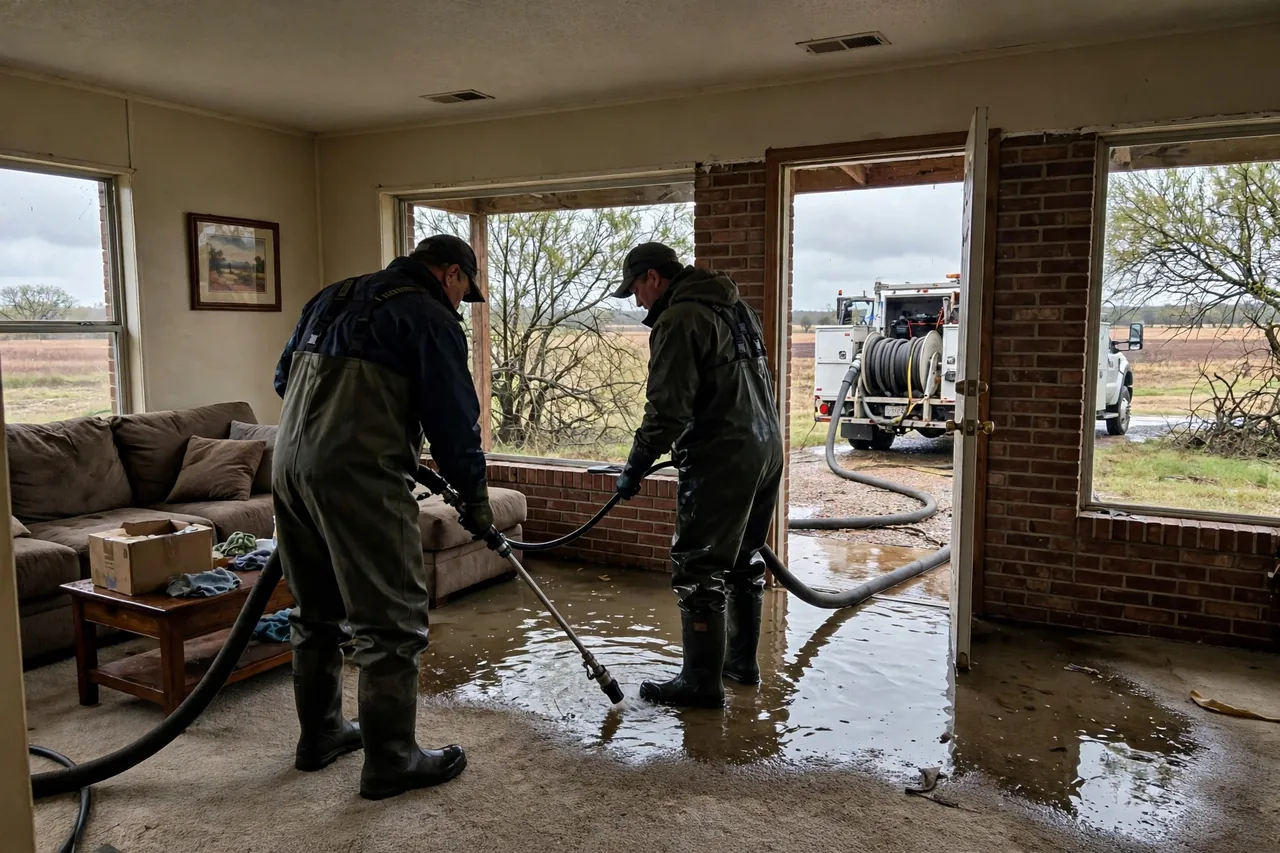 Flood Water Cleanup Axtell, TX — crew extracting flood water from a McLennan County home