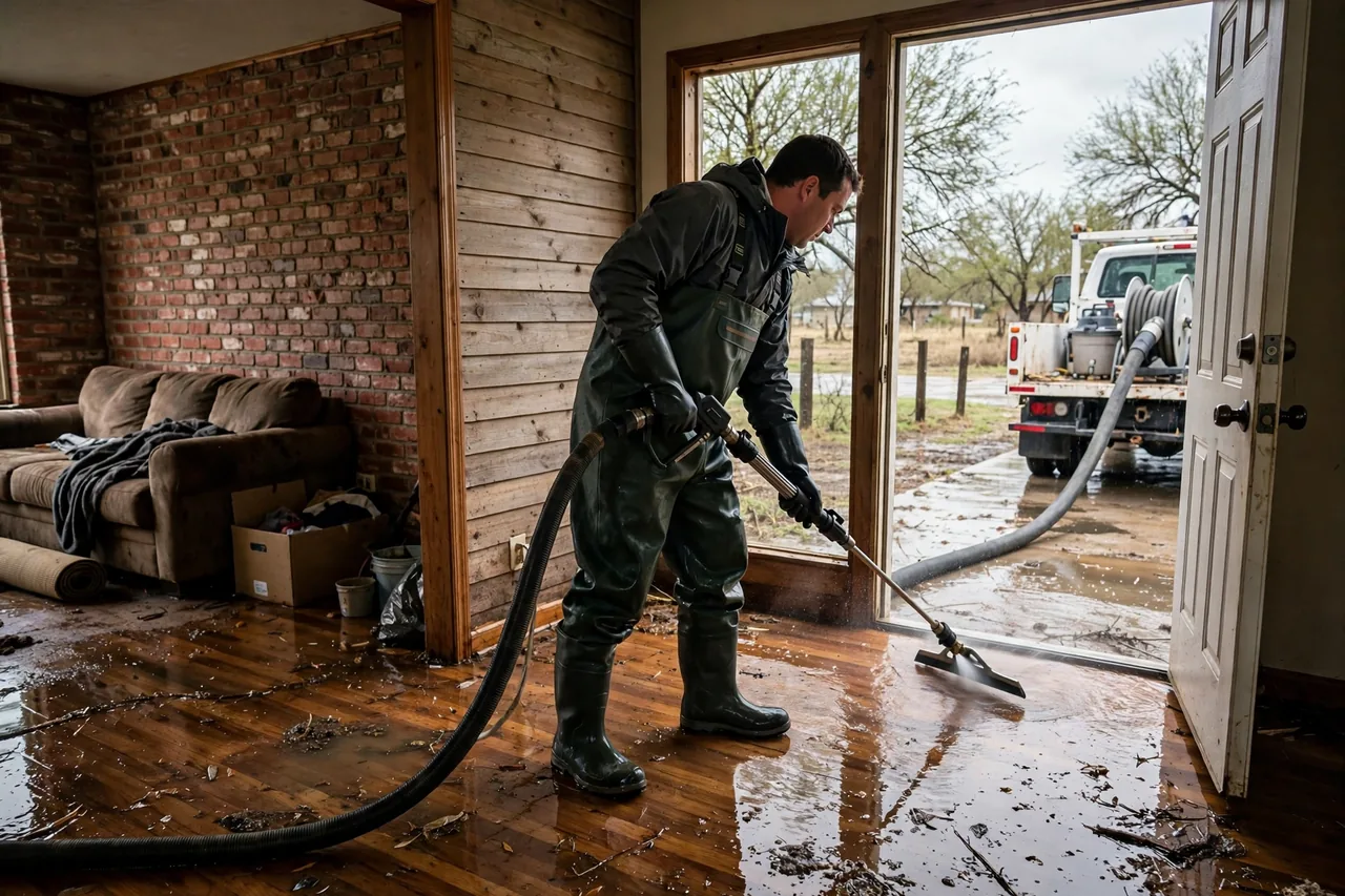Flood Water Cleanup Azle, TX — technician removing flood water from a Tarrant County home