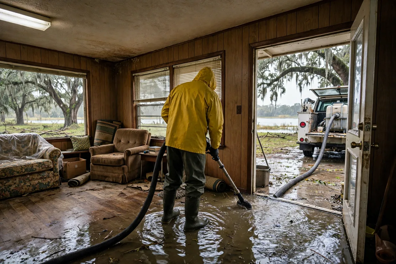Flood Water Cleanup Babson Park, FL — technician removing flood water from a Polk County home