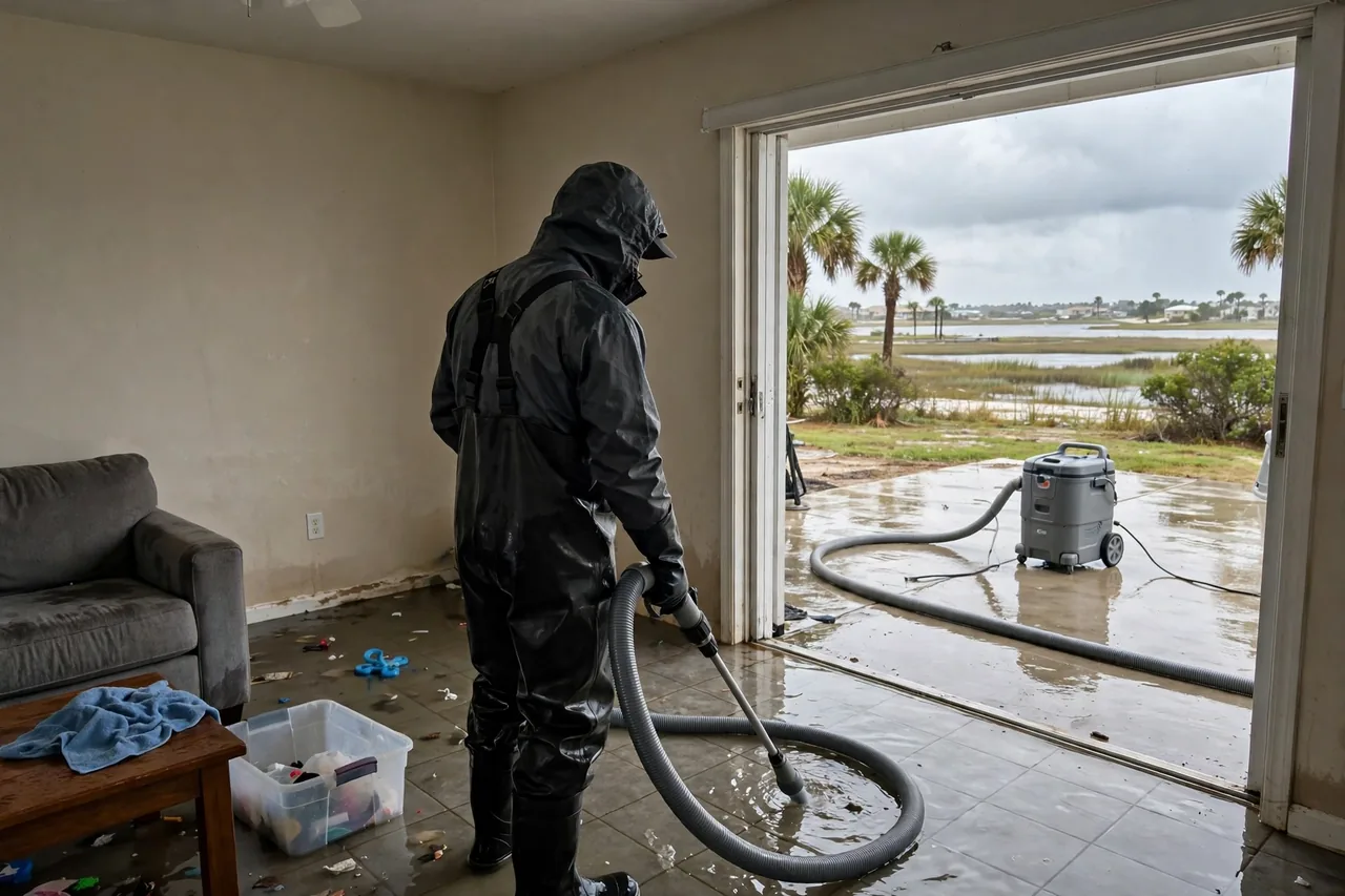 Flood Water Cleanup Bacliff, TX — technician extracting flood water from a Galveston County bay-side home