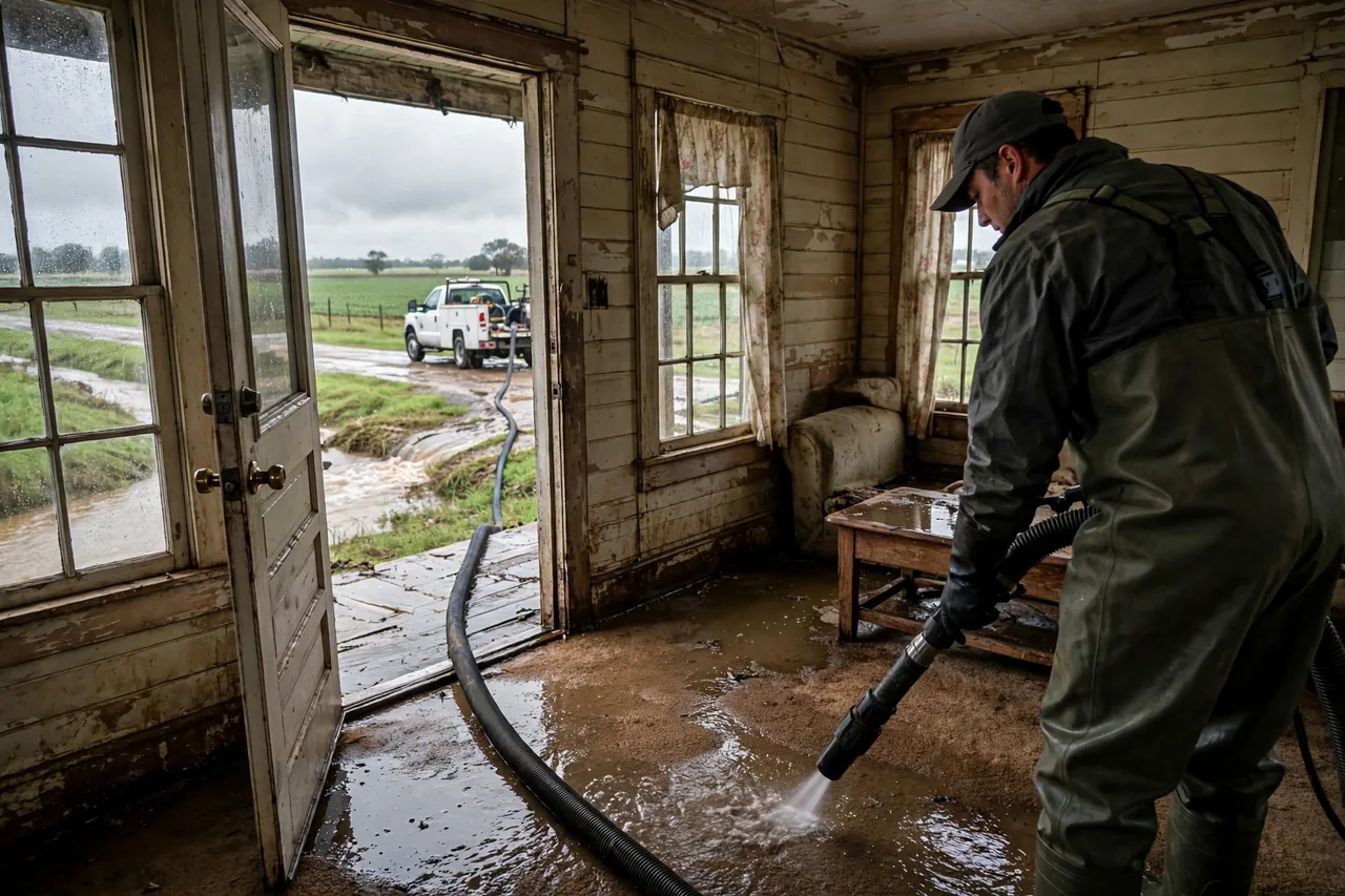 Flood Water Cleanup Bailey, TX — technician extracting flood water from a Fannin County home
