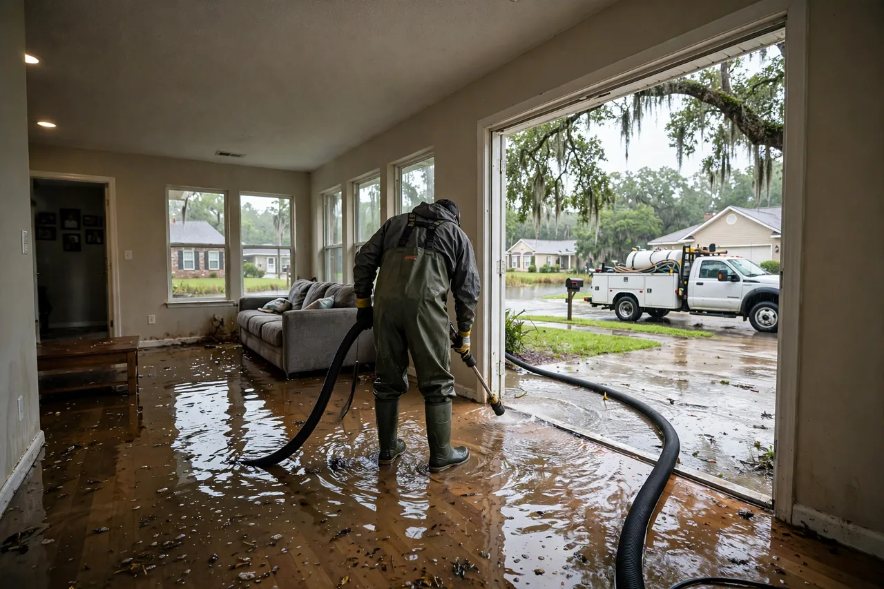 Flood Water Cleanup Baker, LA — technician extracting flood water from an East Baton Rouge Parish home
