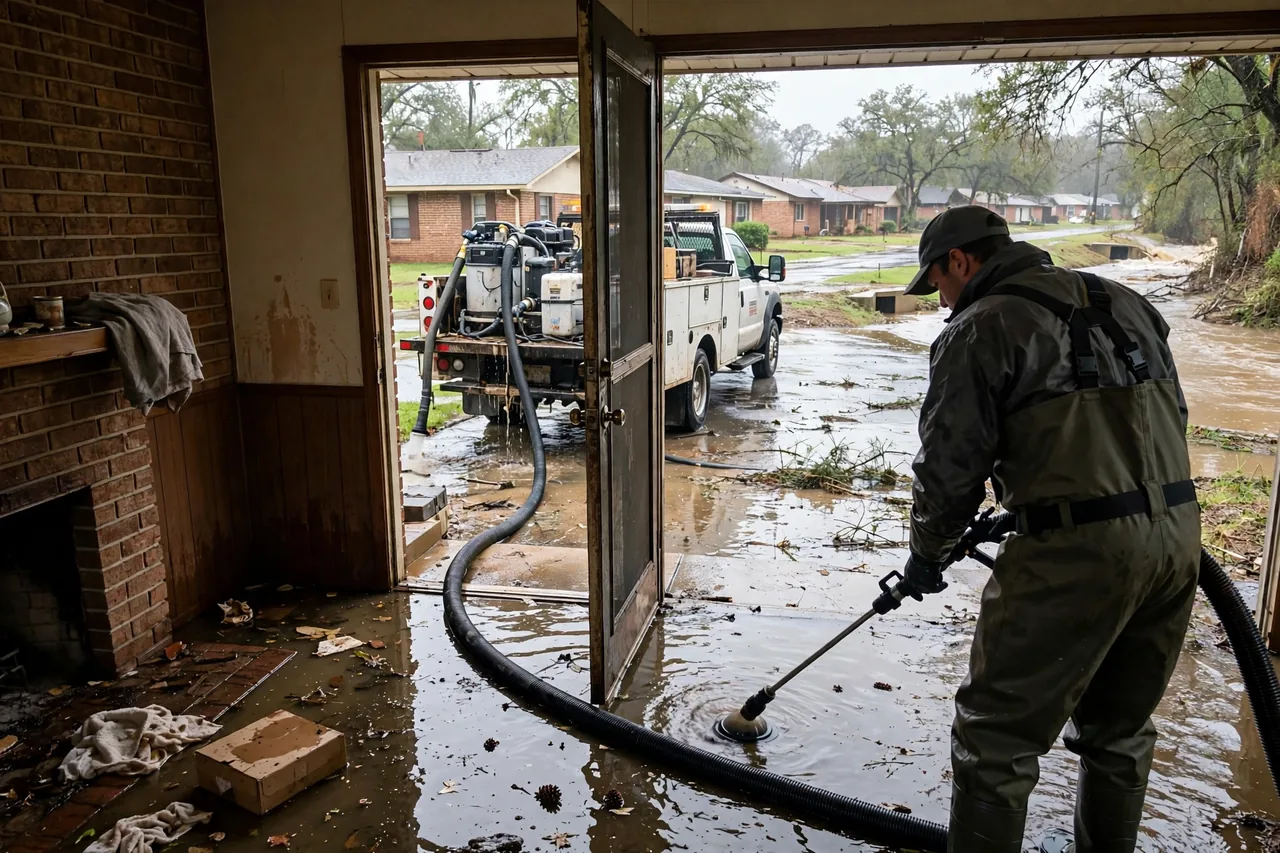 Flood Water Cleanup Balch Springs, TX — technician extracting flood water from a Dallas County home