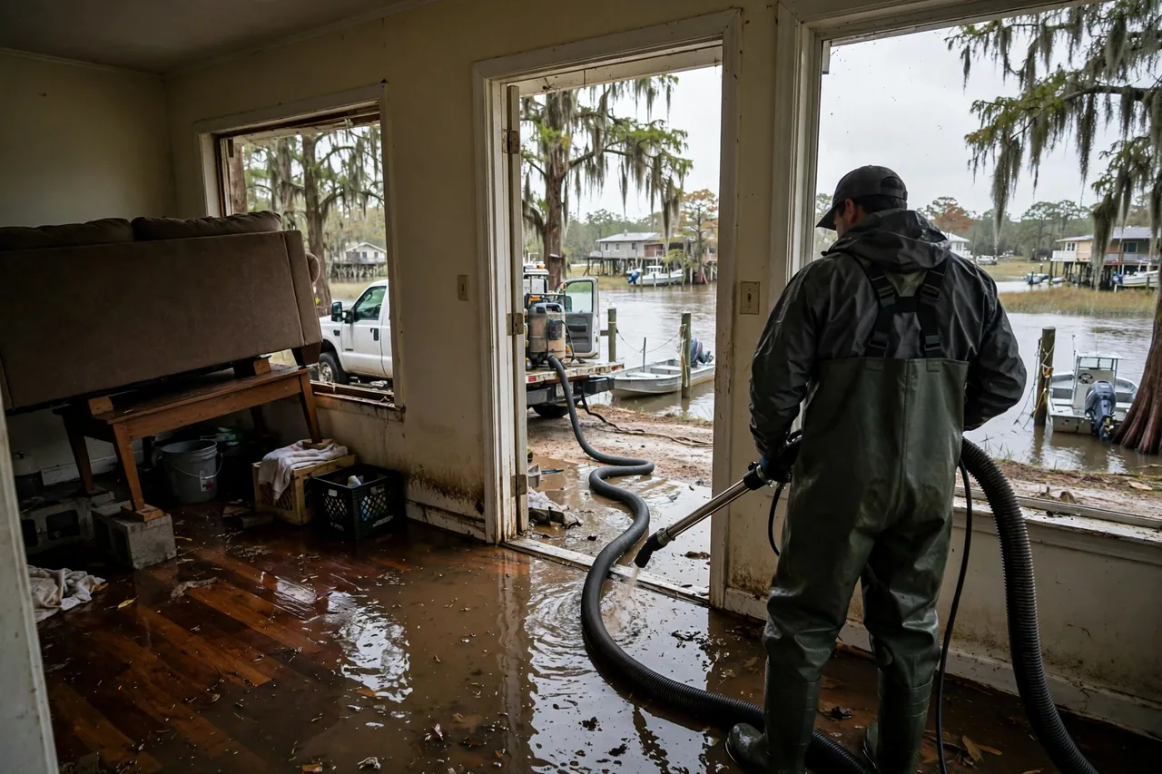 Flood Water Cleanup Barataria, LA — technician extracting bayou flood water from a raised Jefferson Parish home