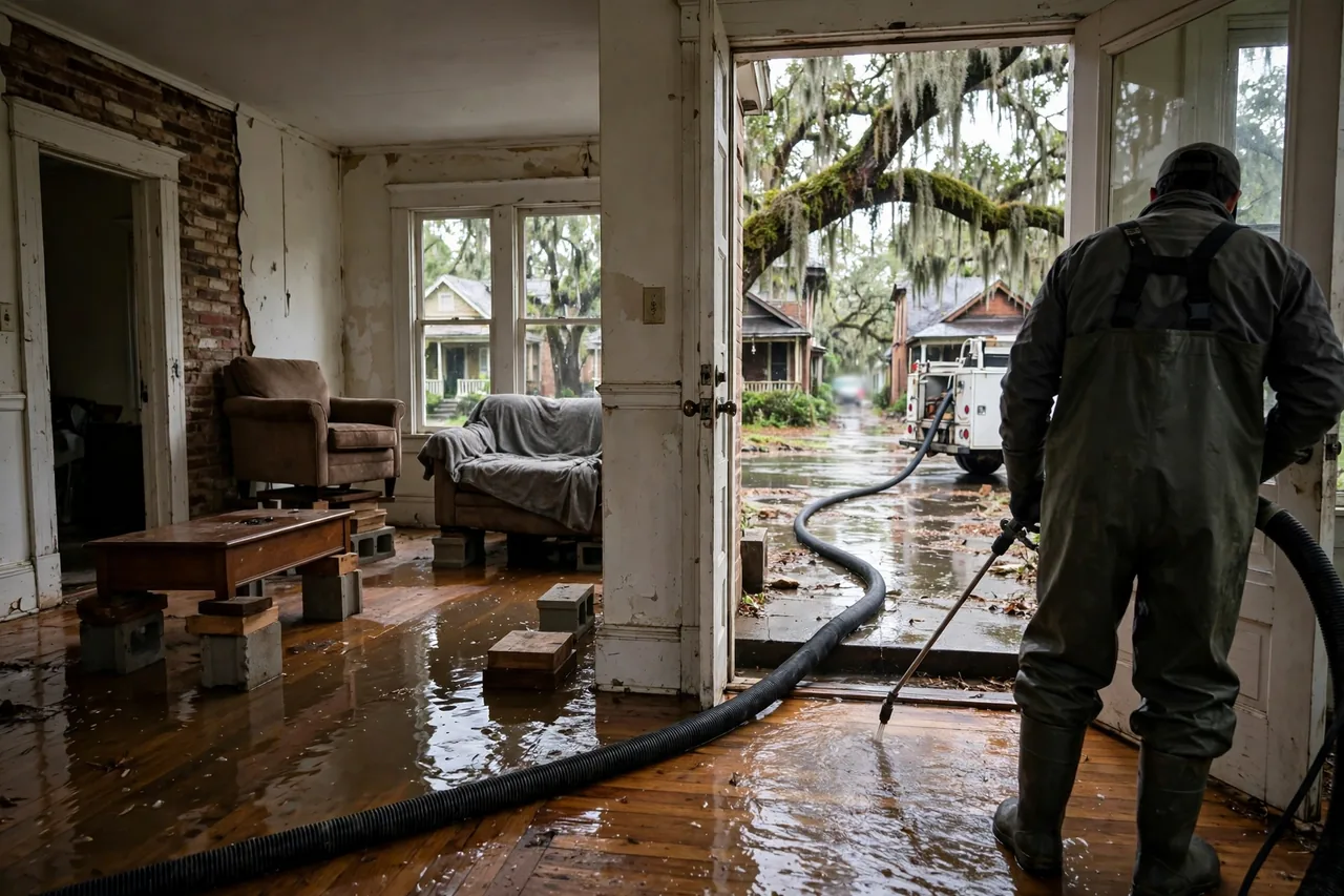 Flood Water Cleanup Baton Rouge, LA — technician extracting flood water from a home near live oaks in East Baton Rouge Parish