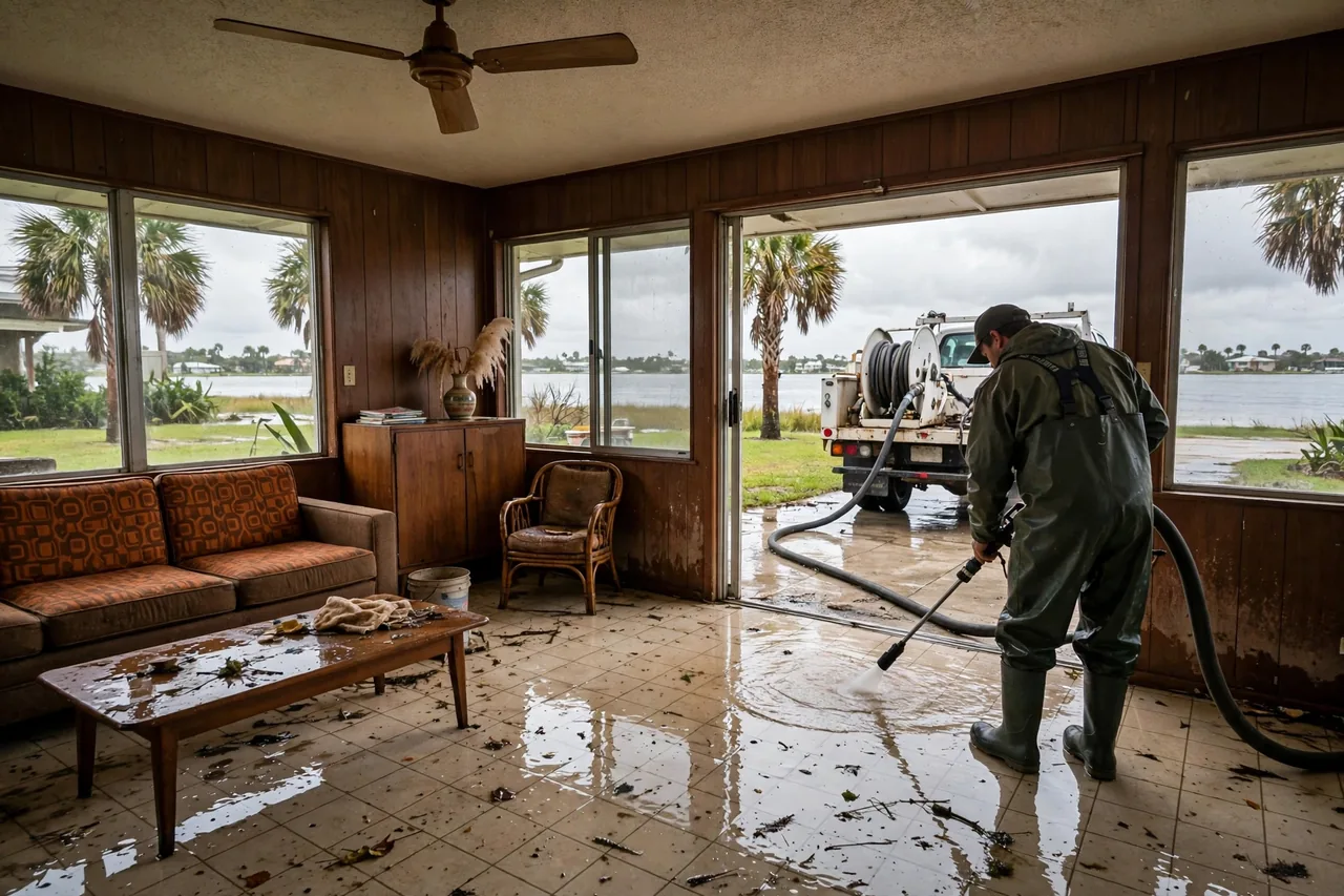 Flood Water Cleanup Bay Pines, FL — technician extracting flood water from a Pinellas County home