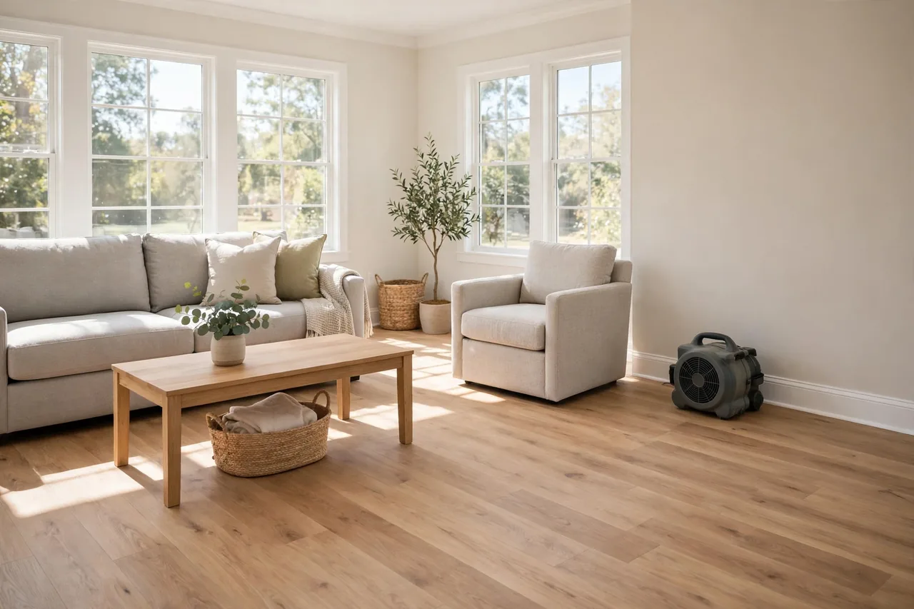 The fixed result: the same kind of room dried, cleaned and restored