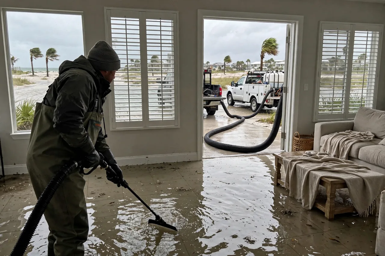 Flood Water Cleanup Belleair Beach, FL — technician extracting flood water from a Pinellas County beach home