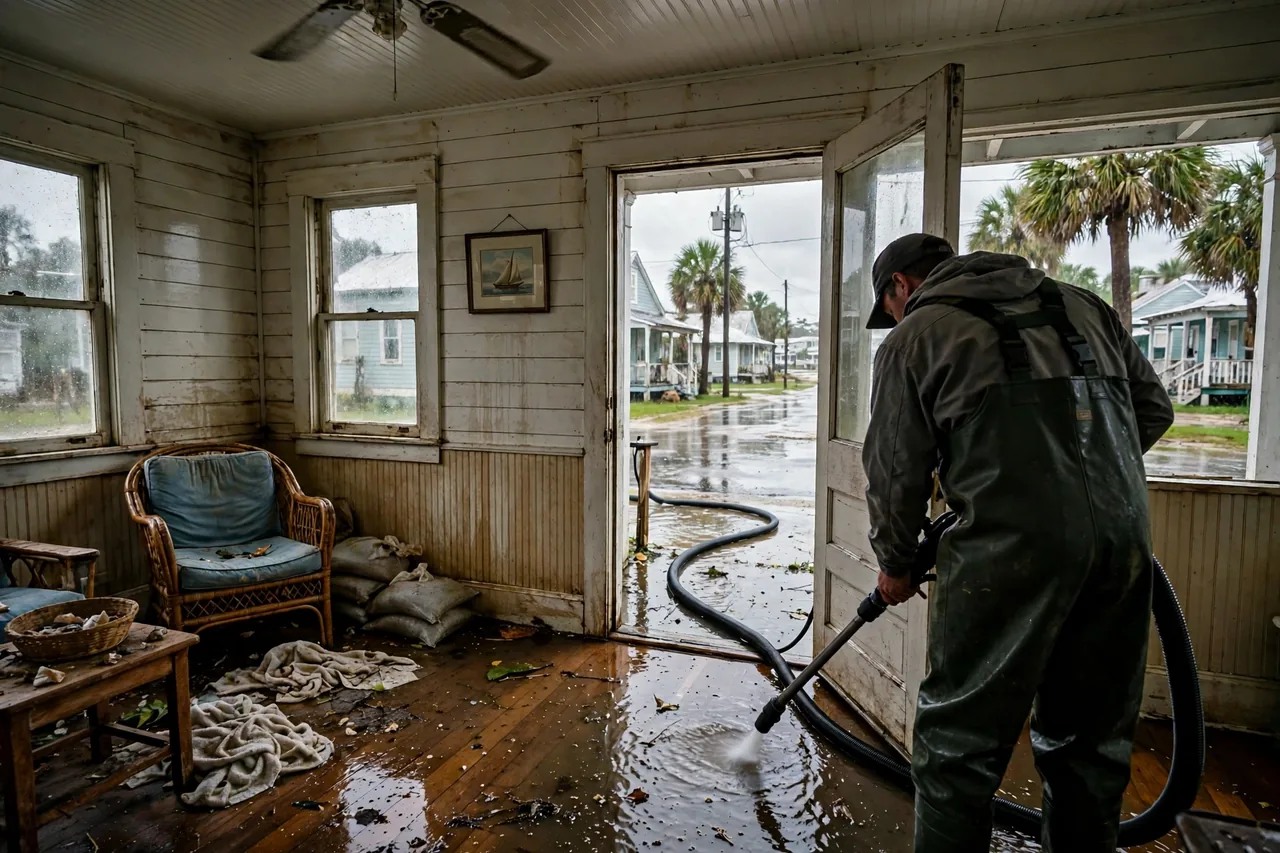 Flood Water Cleanup Boca Grande, FL — crew extracting flood water from a low-lying Lee County home