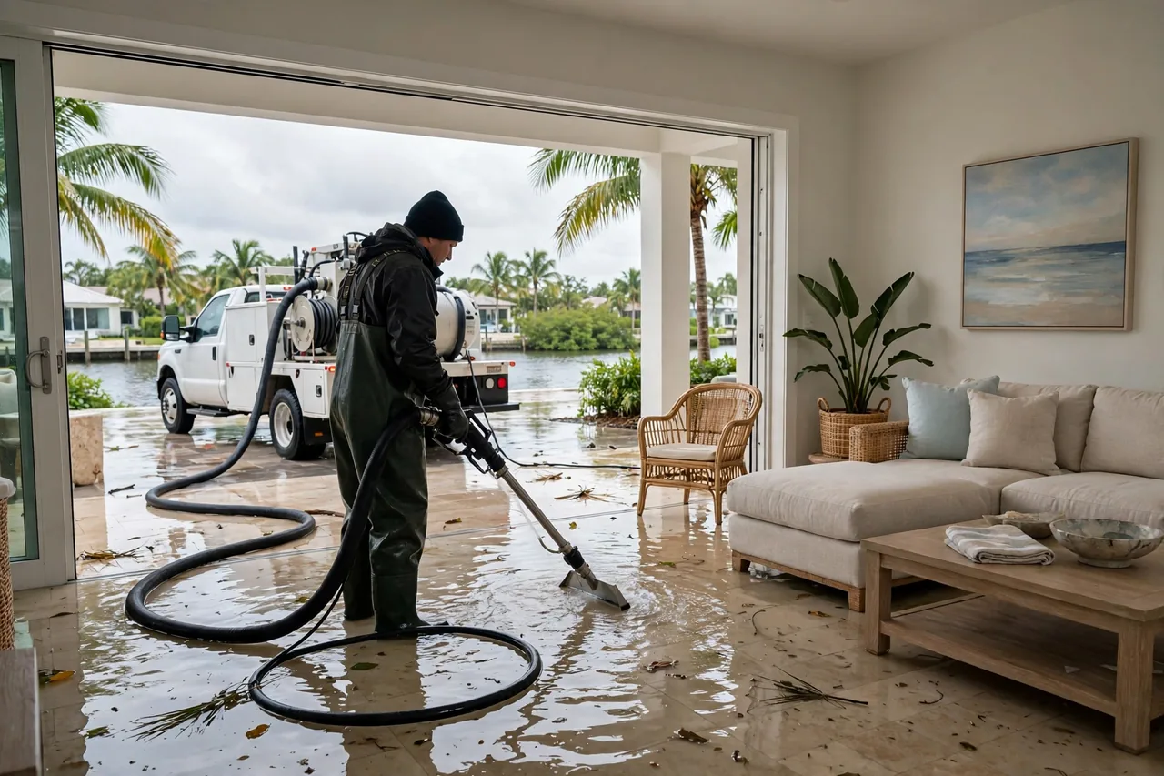 Flood Water Cleanup Boca Raton, FL — technician extracting flood water from a Palm Beach County home