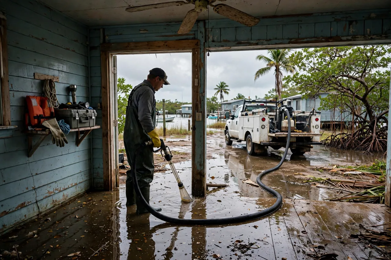 Flood Water Cleanup Bokeelia, FL — crew extracting storm water from a low-lying Pine Island home