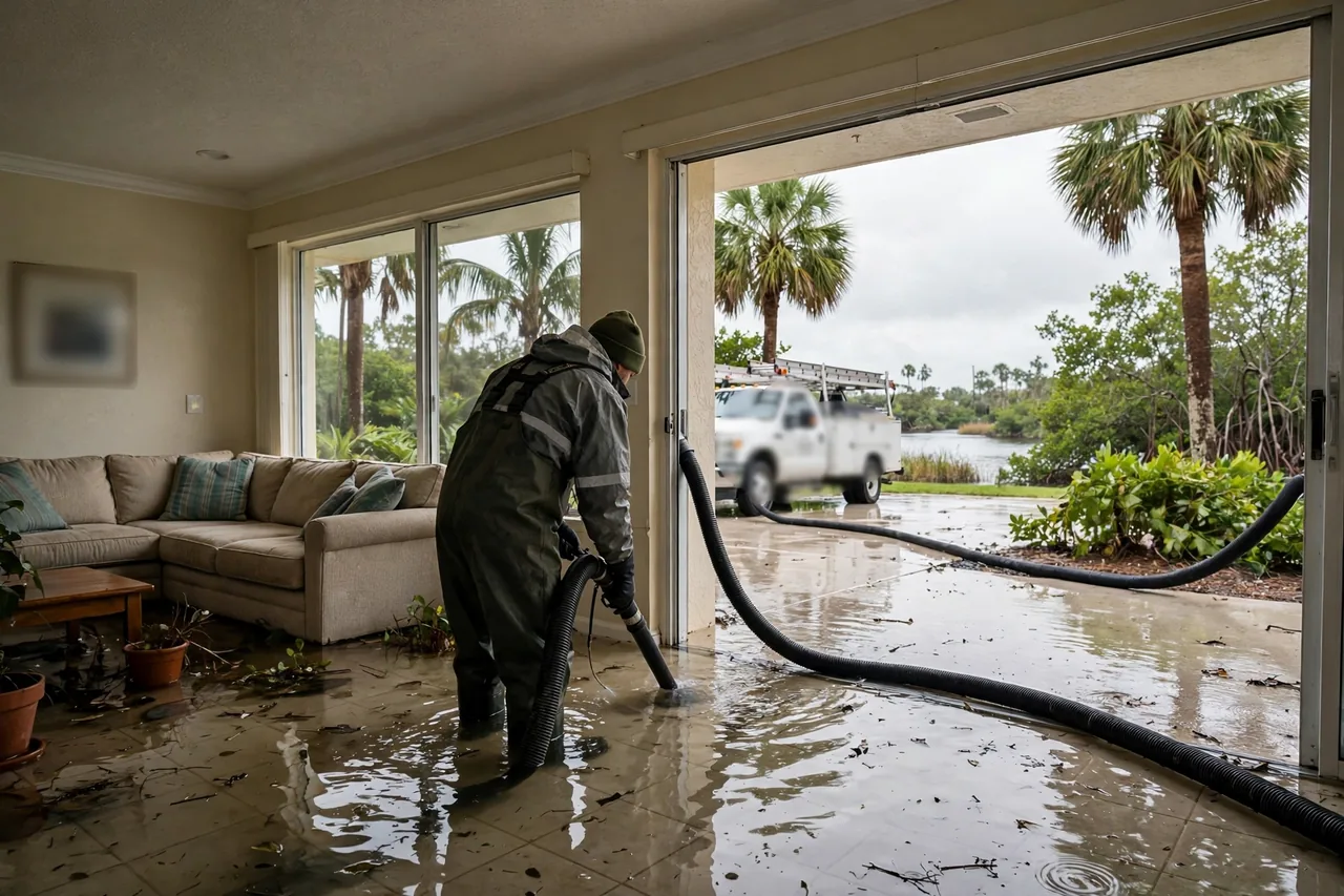 Flood Water Cleanup Bonita Springs, FL — technician extracting flood water from a Lee County home