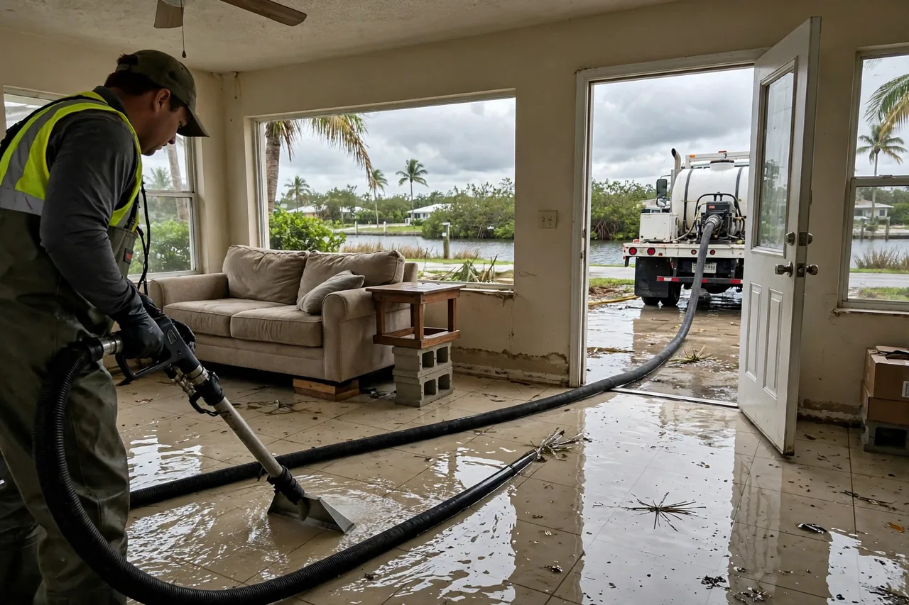 Flood Water Cleanup Boynton Beach, FL — crew member pumping storm water from a Palm Beach County house