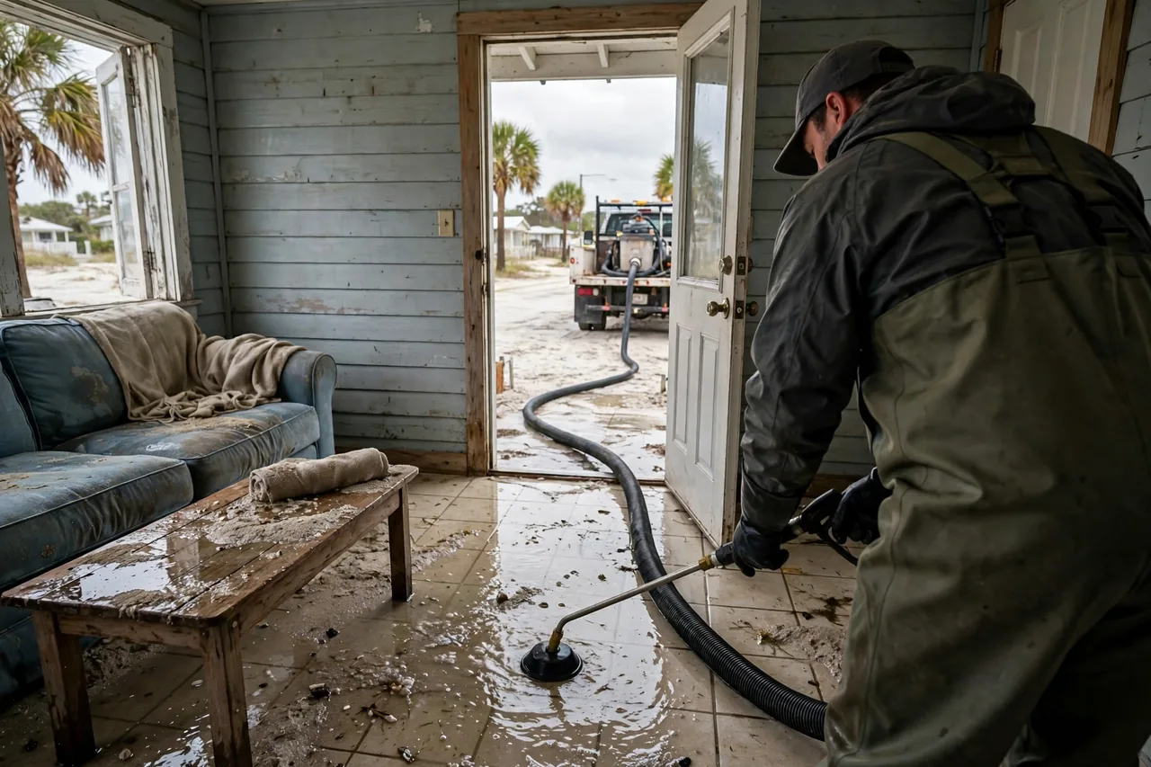 Flood Water Cleanup Bradenton Beach, FL — technician extracting Gulf storm water from an island home