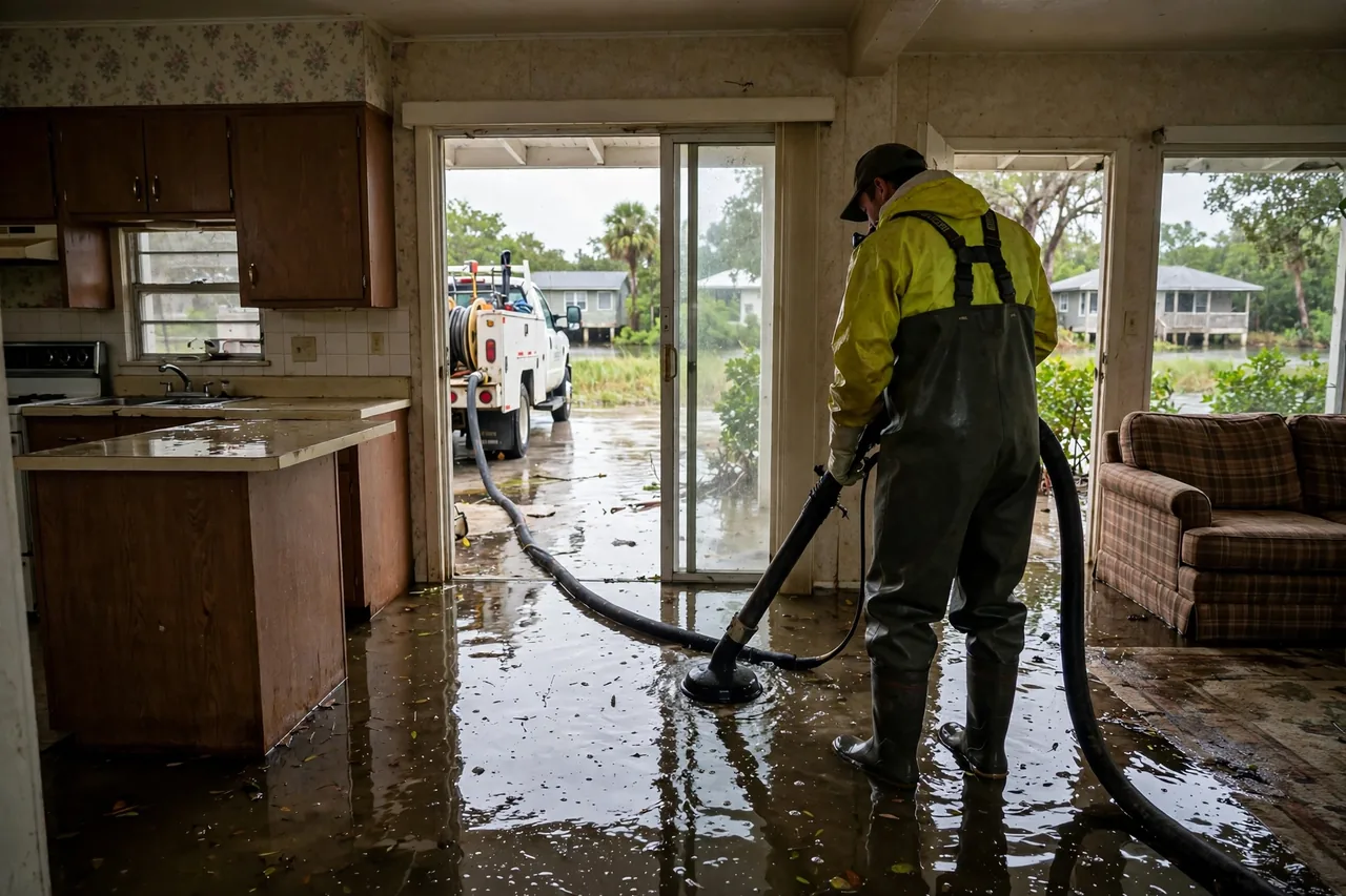 Flood Water Cleanup Bradenton, FL — technician removing flood water from a Manatee County home