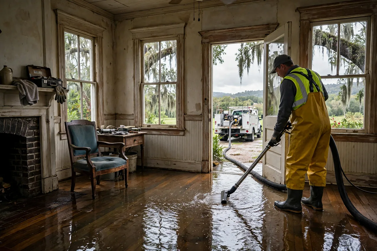 Flood Water Cleanup Brooksville, FL — technician removing flood water from a Hernando County home