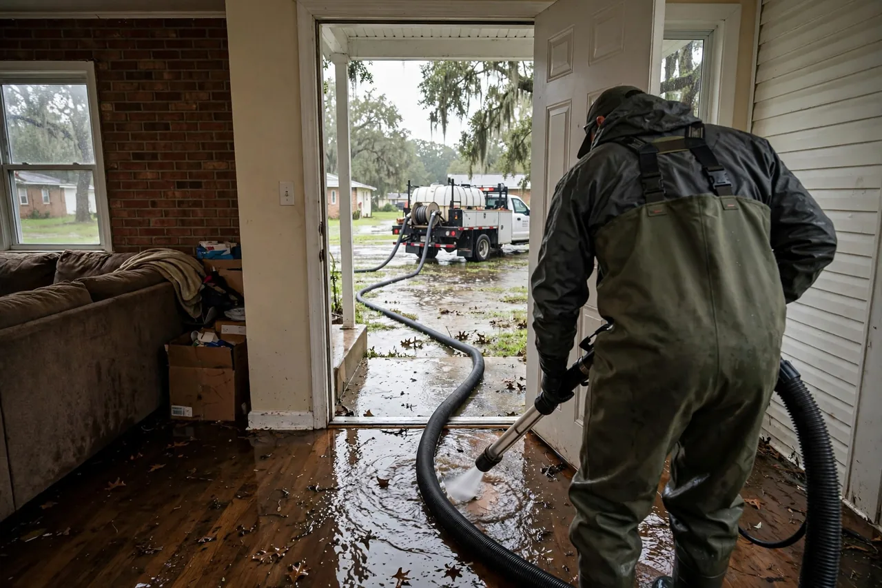 Flood Water Cleanup Brusly, LA — technician extracting flood water from a home in West Baton Rouge Parish
