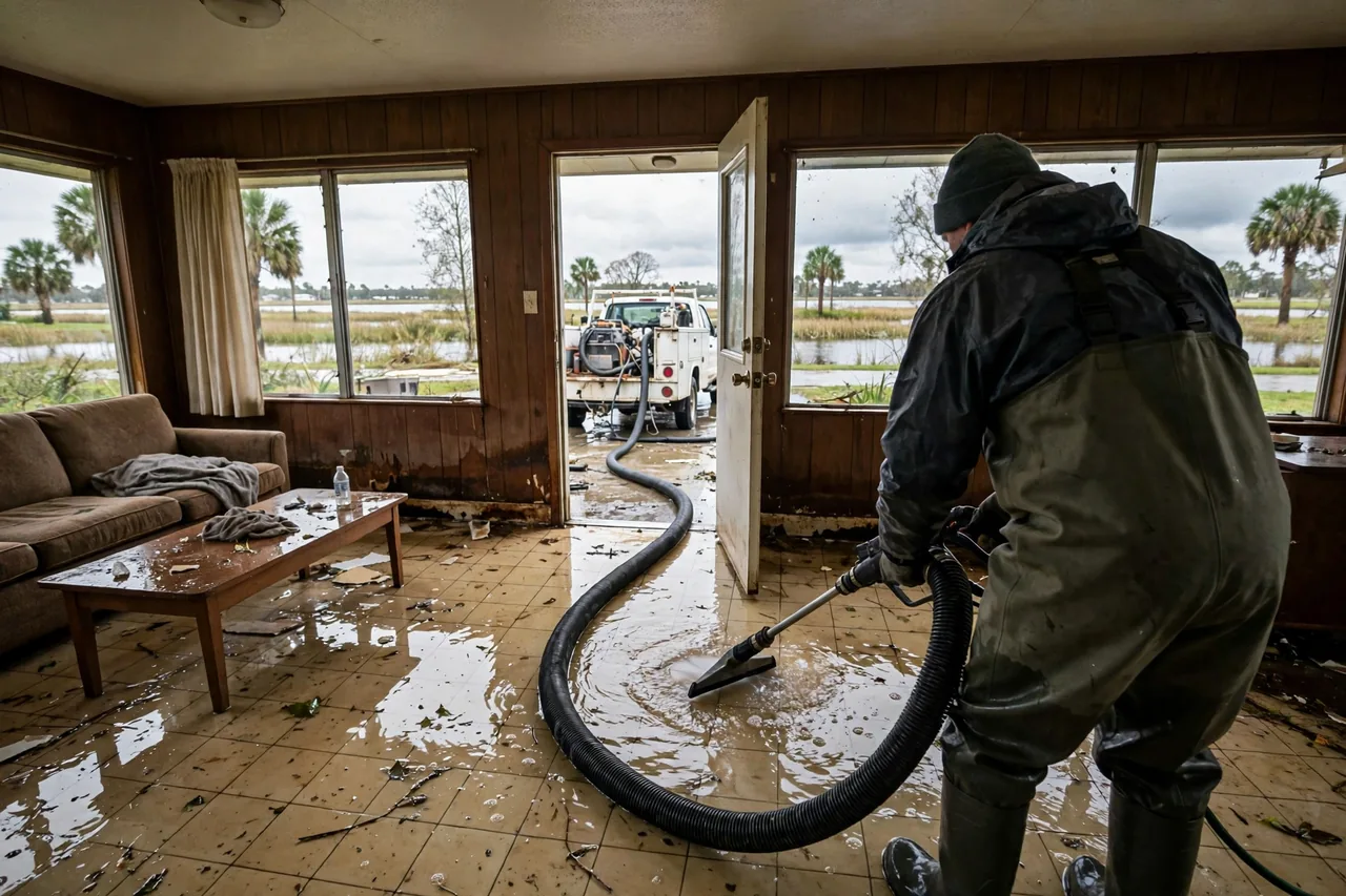 Flood Water Cleanup Canal Point, FL — technician extracting flood water from a Palm Beach County home