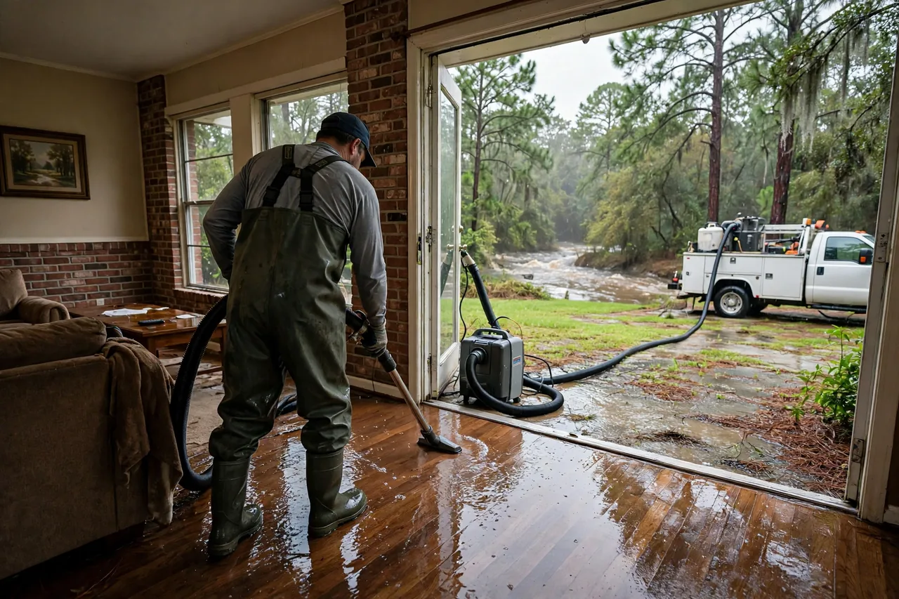 Flood Water Cleanup Cantonment, FL — technician extracting flood water from an Escambia County home