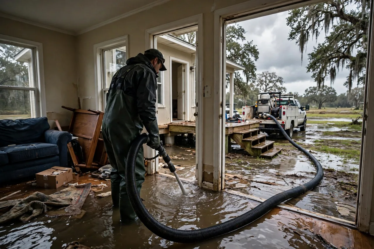 Flood Water Cleanup Carville, LA — technician extracting flood water from an Iberville Parish home