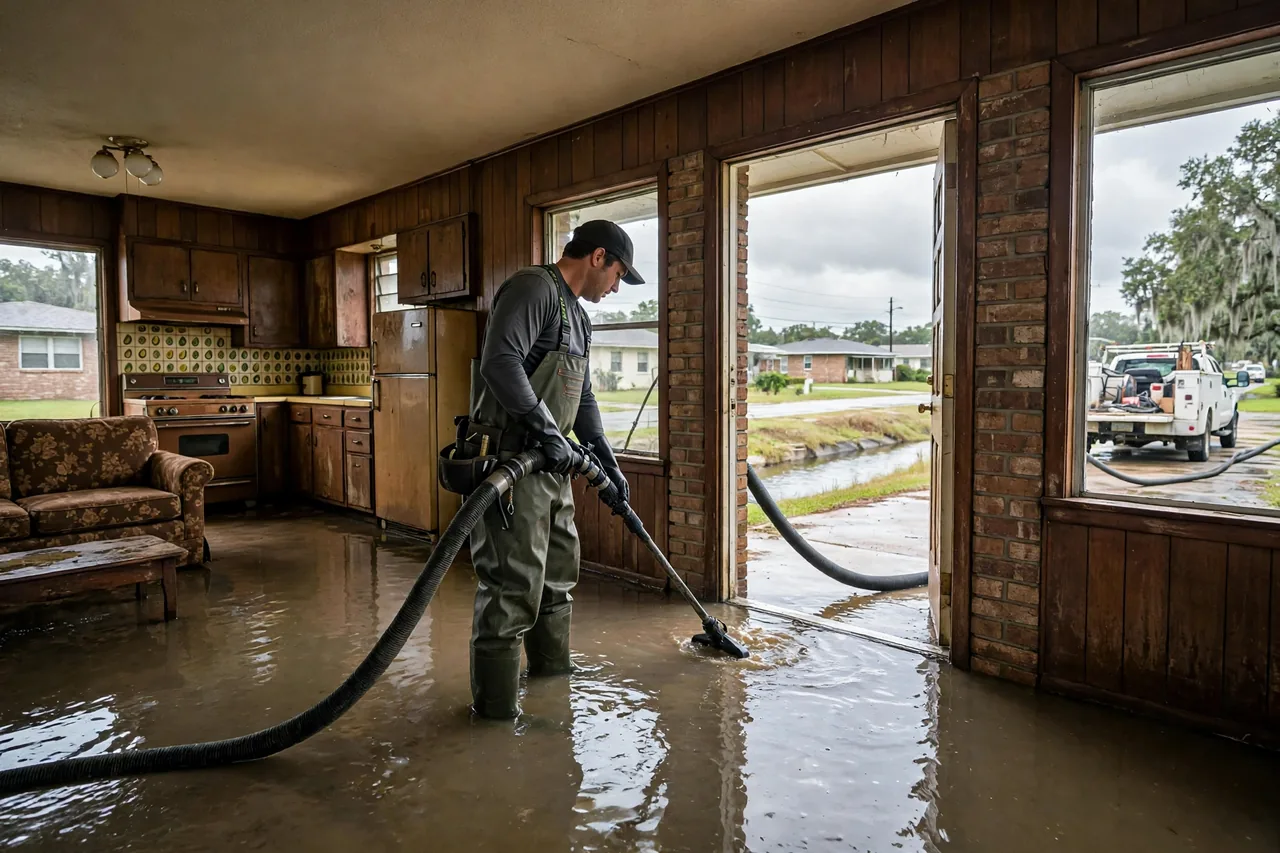 Flood Water Cleanup Chalmette, LA — technician extracting flood water from a St. Bernard Parish home