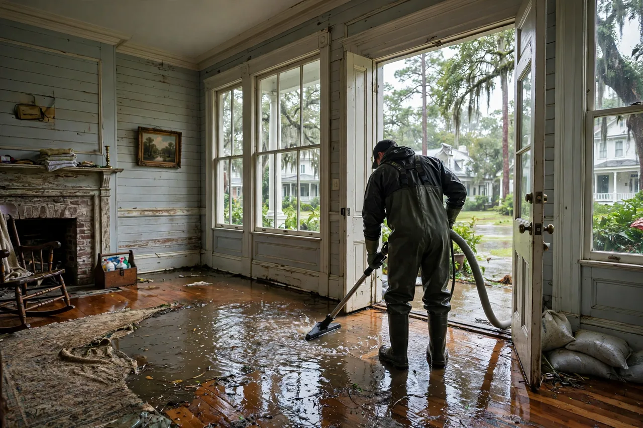 Flood Water Cleanup Covington, LA — technician extracting flood water from a St. Tammany Parish home