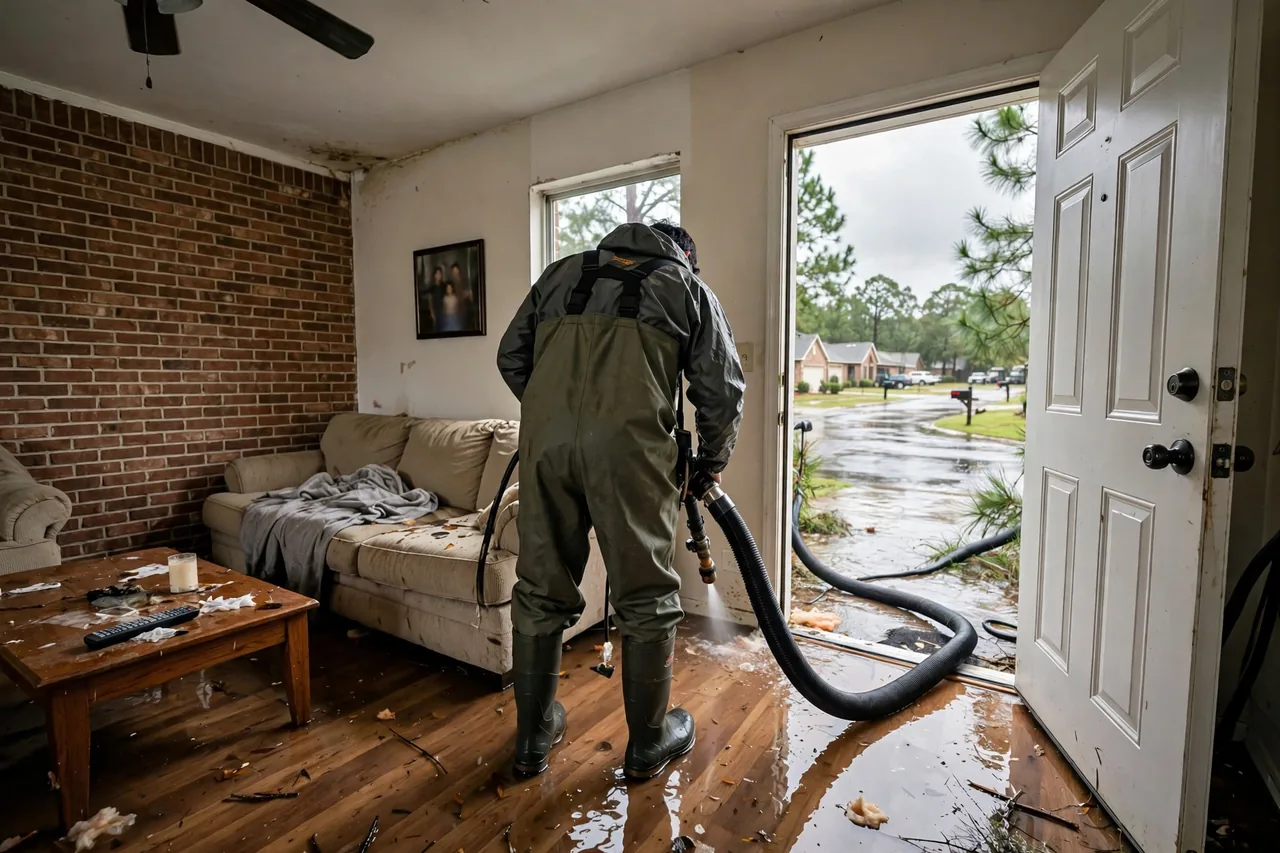 Flood Water Cleanup Denham Springs, LA — technician extracting flood water from a Livingston Parish home