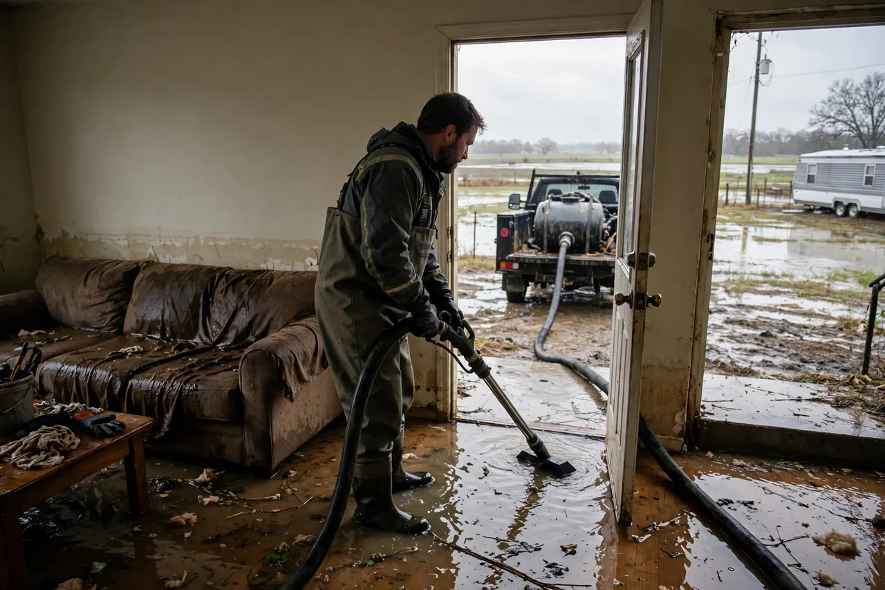 Flood Water Cleanup Erwinville, LA — technician extracting flood water from a West Baton Rouge Parish home