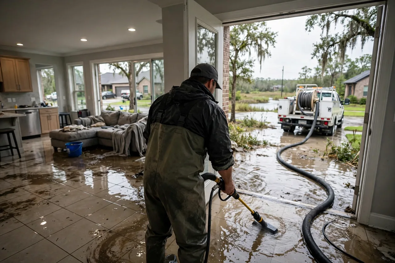 Flood Water Cleanup Geismar, LA — technician extracting flood water from an Ascension Parish home