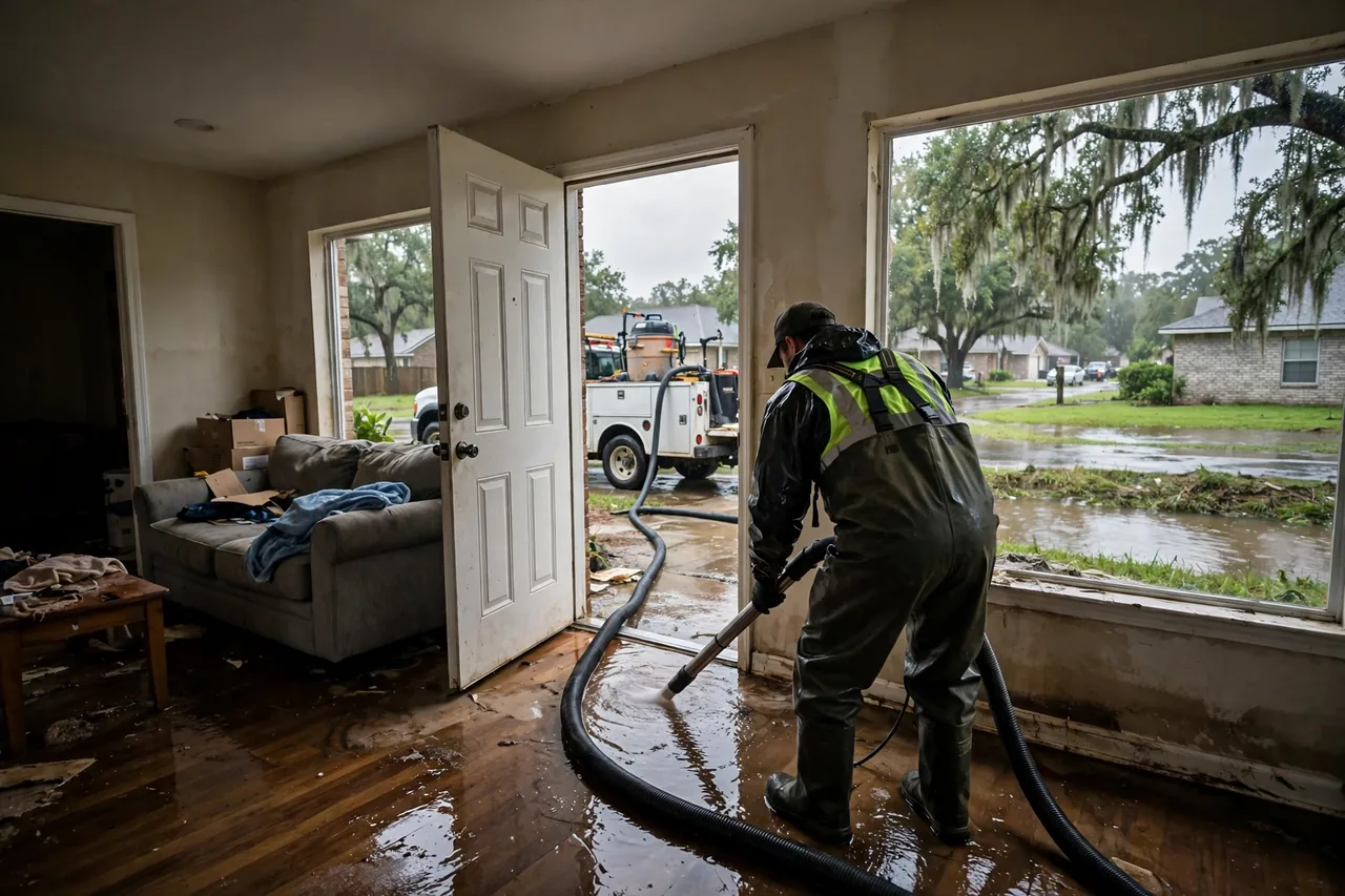 Flood Water Cleanup Gonzales, LA — technician extracting flood water from an Ascension Parish home