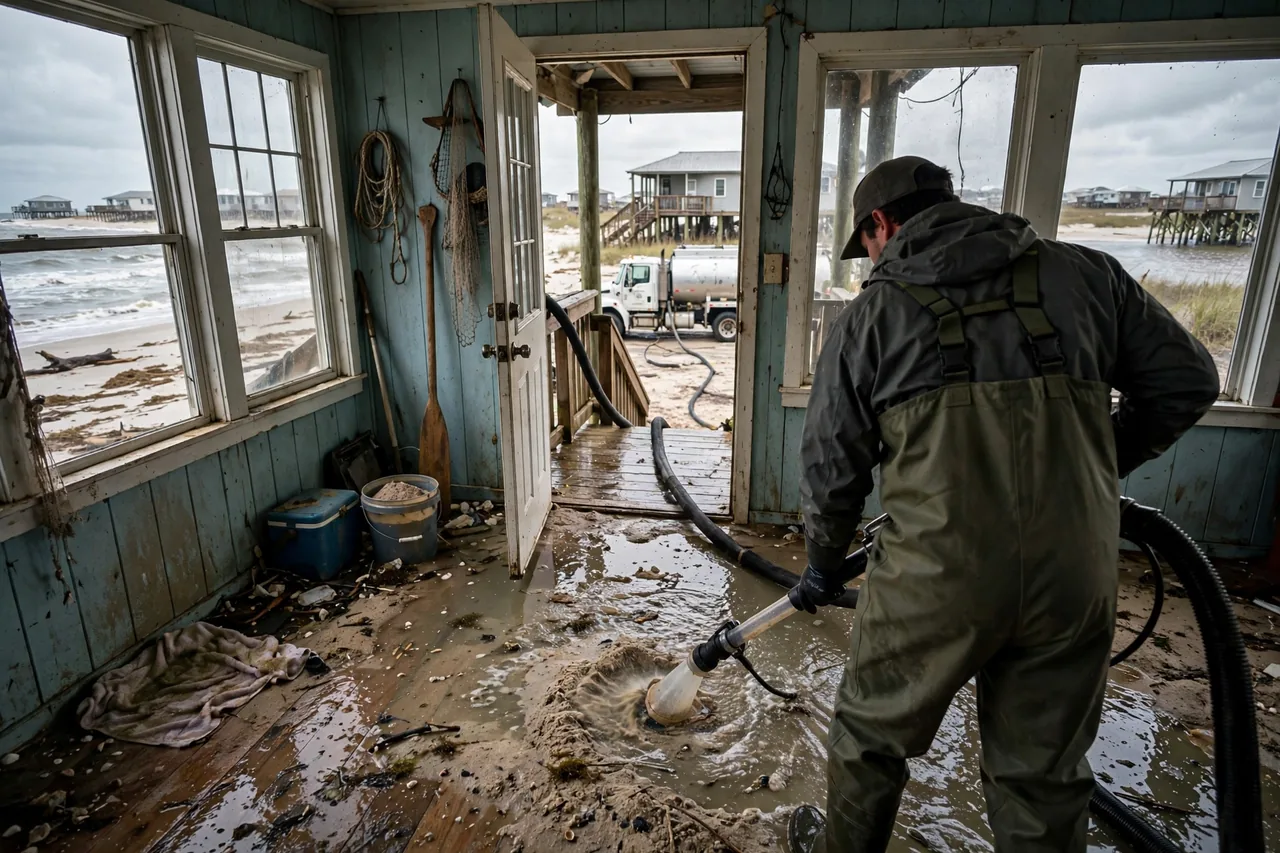 Flood Water Cleanup Grand Isle, LA — technician extracting flood water from a Jefferson Parish coastal home
