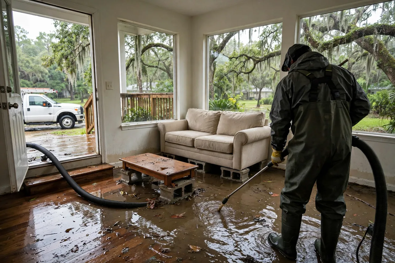 Flood Water Cleanup Greenwell Springs, LA — technician extracting flood water from an East Baton Rouge Parish home