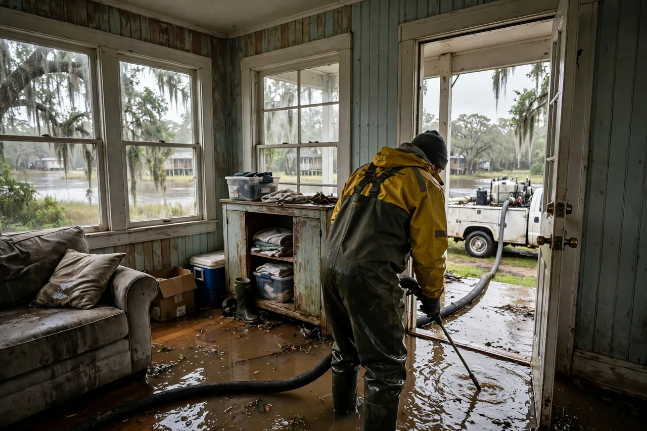 Flood Water Cleanup Grosse Tete, LA — technician extracting flood water from an Iberville Parish home