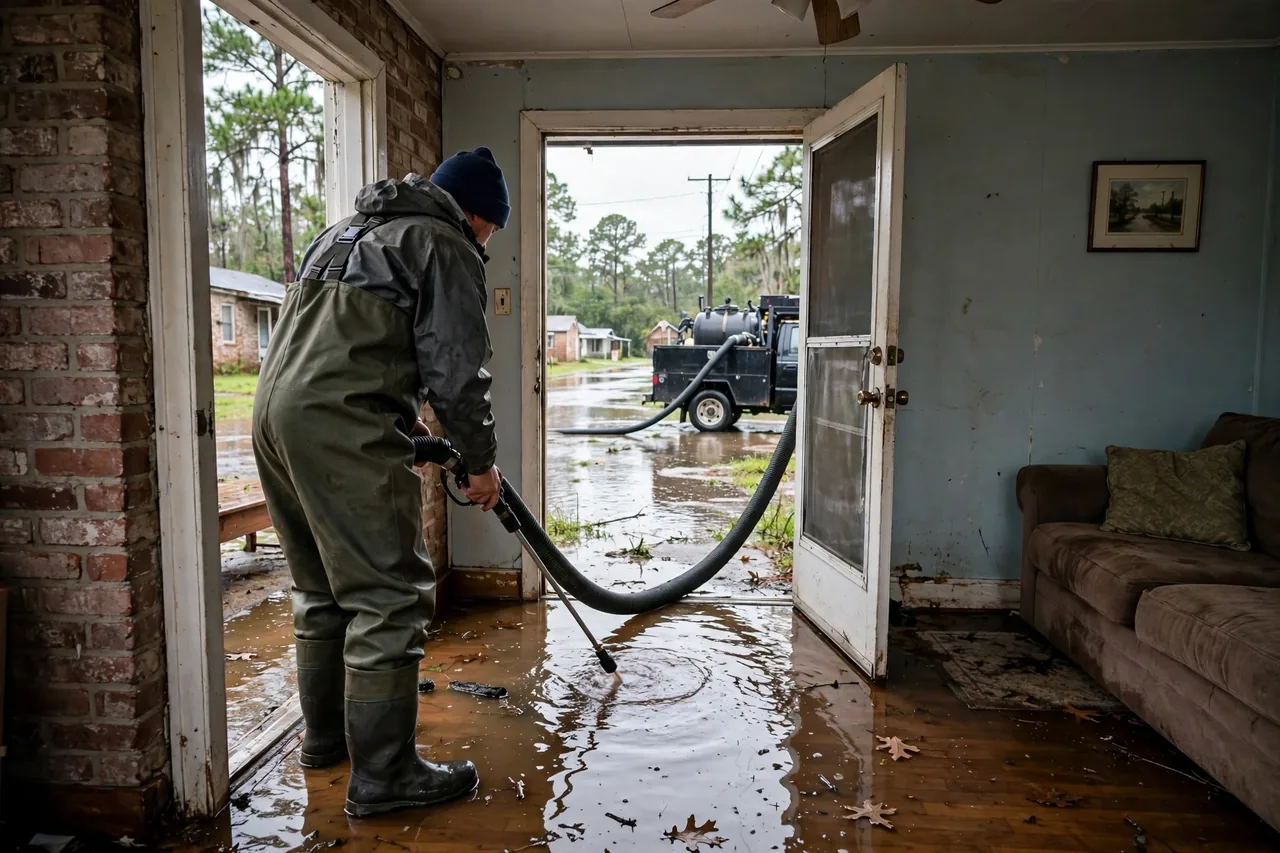 Flood Water Cleanup Hammond, LA — technician extracting flood water from a Tangipahoa Parish home