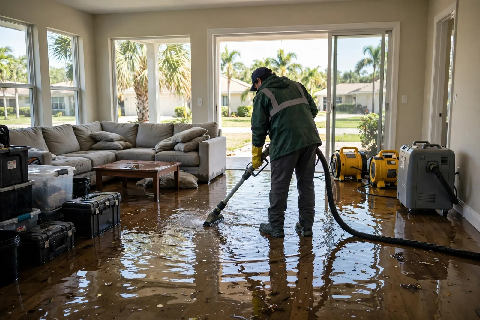 Flood Water Cleanup Near Me — technician extracting standing flood water from a living room