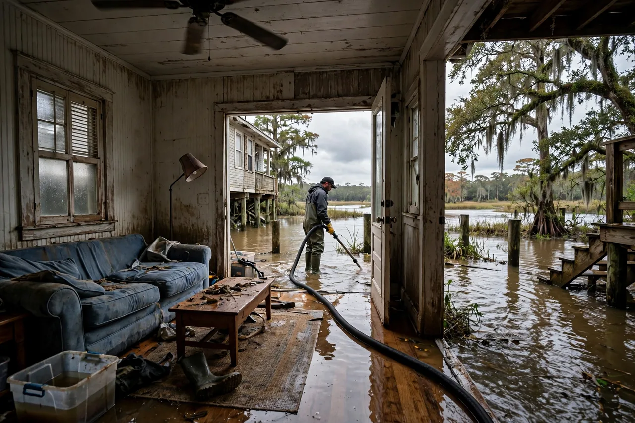 Flood Water Cleanup Louisiana — technician extracting bayou flood water from a Louisiana home